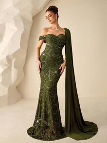 Coutiva Đầm đuôi cá lệch vai đính hạt cườm viền bèo nhún dành cho nữ - màu xanh lá - Xem 2