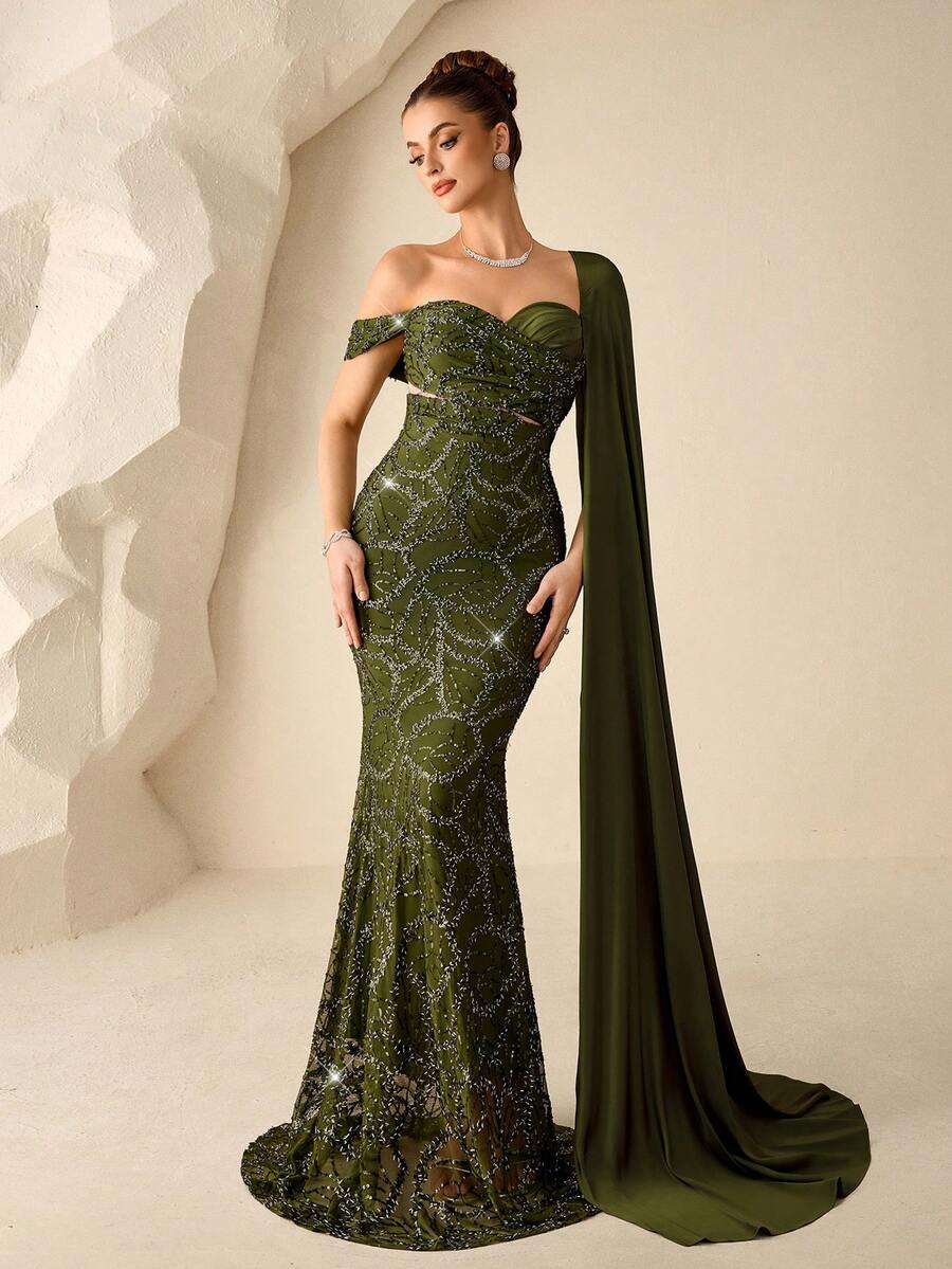 Coutiva Đầm đuôi cá lệch vai đính hạt cườm viền bèo nhún dành cho nữ