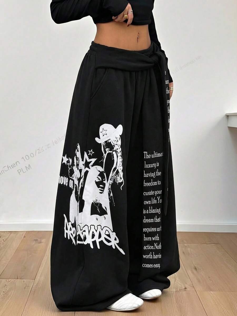 Muchica Letter & Portrait Graphic Casual Wide Leg Pants - Black - View 1
