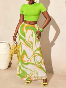 BamGleam 荧光绿短款T恤+抽象波浪印花长裙两件套，性感修身度假日常穿搭 - 彩色 - 查看 3