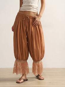 Bohemela 休闲编织拼接蕾丝边宽松女裤 - 棕色 - 查看 3