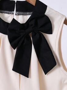 Elladie kids 1件女童洋裝，彼得潘領對比蝴蝶結裝飾杏色黑白配色，夏季優雅茶會返校季大童青少年休閒派對穿搭 - 杏色 - 查看 7
