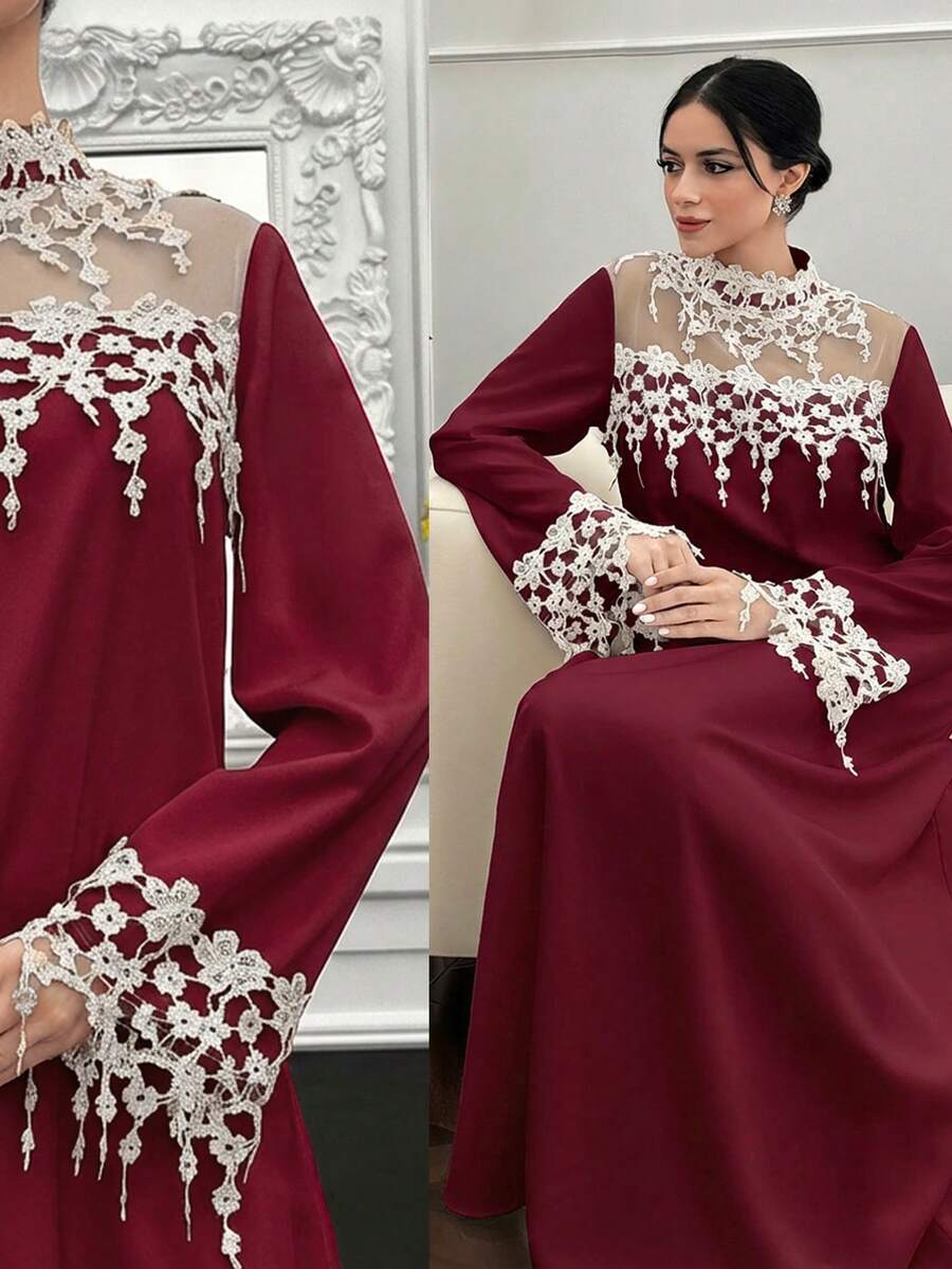 Al Najma 2026 Spring/Summer Tassel Trim Elegant Arabic Style Dress - Burgundy - View 1