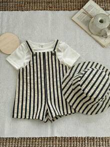 SHEIN 2pcs/Set Baby Boy/Girl Summer Striped Bib Overalls & Bucket Hat Set, Casual Outfit For Home, Outing, Beach - Multicolor - View 7