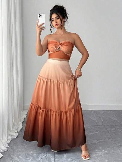 Elenzga Bộ đồ 2 món cỡ lớn: Áo quây màu xanh dương thanh lịch và chân váy maxi xếp ly, phong cách nghỉ dưỡng mùa hè.