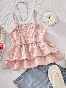 Sparklyn Áo kiểu dáng rộng rãi, thoải mái dành cho bé gái tuổi teen, kiểu áo hai dây, chất liệu độc đáo, thêu hoa 3D màu vàng, viền bèo nhún đôi, kiểu dáng mùa xuân/hè tươi mát, đa năng. - Hồng - Xem 2