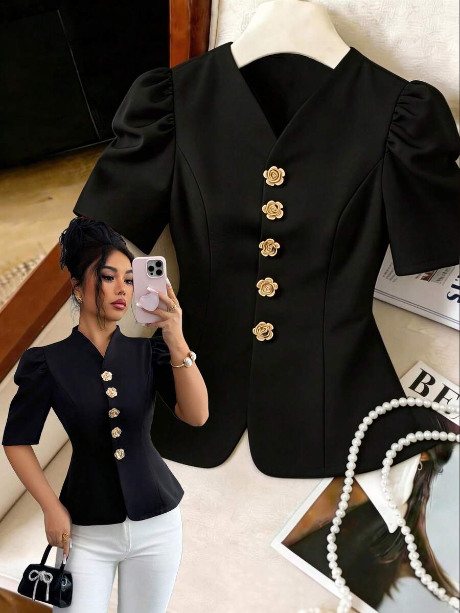 Elenzga Elegant French-Style Lightweight Luxury Coat With Rose Metal Button Collar, Puff Sleeves, And A Fitted Silhouette. A Refined, Professional, And Comfortable Top. Suitable For Formal Occasions, Office Wear For Women, Date Wear For Women, And Festive Outfits. - Black - View 1