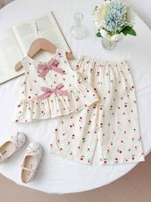 LMoss Kids 2pcs Baby Girl Ditsy Floral Woven Casual Vest And Pants Set Baby Girl Cotton Clothes Girls Summer Coord Set Cherry Pajama Set Cherry Outfit For Baby Cherry 2 Piece Set Baby Girls Clothes Summer Cherry Outfits For Girls - Pink - View 1