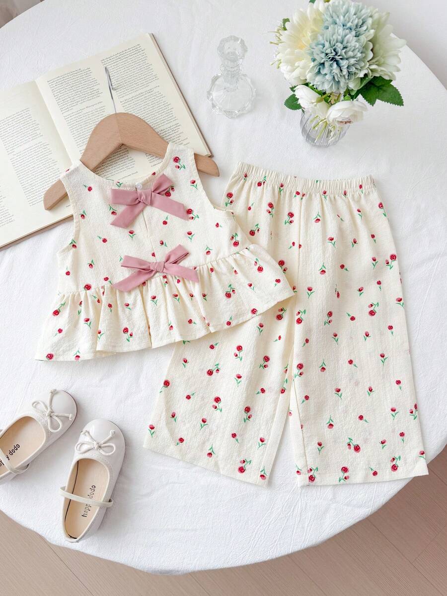 LMoss Kids 2pcs Baby Girl Ditsy Floral Woven Casual Vest And Pants Set Baby Girl Cotton Clothes Girls Summer Coord Set Cherry Pajama Set Cherry Outfit For Baby Cherry 2 Piece Set Baby Girls Clothes Summer Cherry Outfits For Girls - Pink - View 1