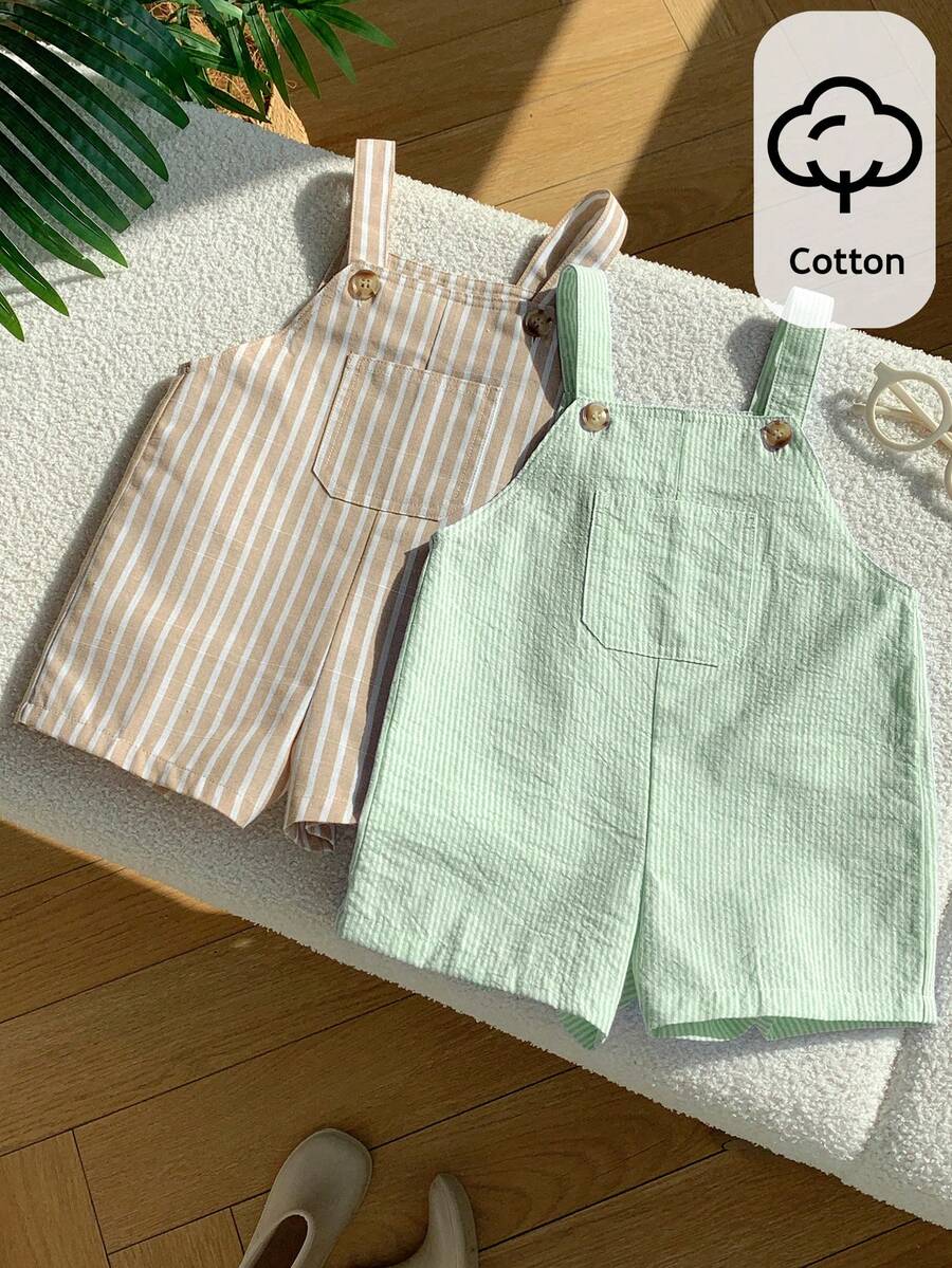SHEIN 2pcs Baby Boy Colorful Striped Bib Overall & Shorts Set - Multicolor - View 1