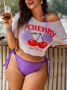 SHEIN Swim Mod 大码女士纯色三角罩杯挂脖性感比基尼套装，带透视半袖，三件套简约时尚度假泳装 - 紫色 - 查看 1