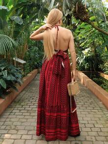 Elenary Edit 粉色数码印花修身露背系带连衣裙，法式V领沙滩度假风派对装扮 - 彩色 - 查看 2