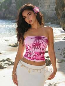 ROMWE Avant Áo nữ phong cách nghỉ dưỡng đảo nhiệt đới với họa tiết hoa dâm bụt, cây cọ, hoàng hôn, biển hồng và đính đá lấp lánh, kiểu Y2K. - Hồng - Xem 2