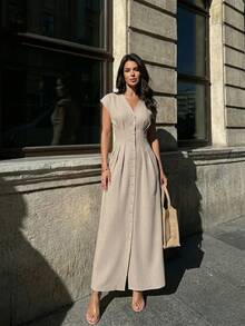 Firerie 女士新款卡其色V领泡泡袖荷叶边收腰长款连衣裙，V领长款连衣裙，纯色长款连衣裙，V领纽扣前开襟长款连衣裙，宽松荷叶边下摆长款连衣裙，收腰泡泡袖休闲工作连衣裙，春夏服装，优雅，通勤，婚礼季，毕业典礼，舞会，演出，工作服，返校季，晚宴，生日礼服，连衣裙，生日礼服，正式场合 - 卡其色 - 查看 5