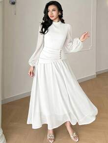Modelyn Đầm dài tay xếp ly màu trơn thanh lịch dành cho nữ - trắng - Xem 2