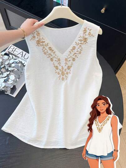 GlowEve CURVE Plus Size Women's Popular Round Neck Elegant Floral Embroidered Shirt, Delicate Colorful Embroidery Contrast Design, Suitable For Daily Commute, Outing And Vacation Wear