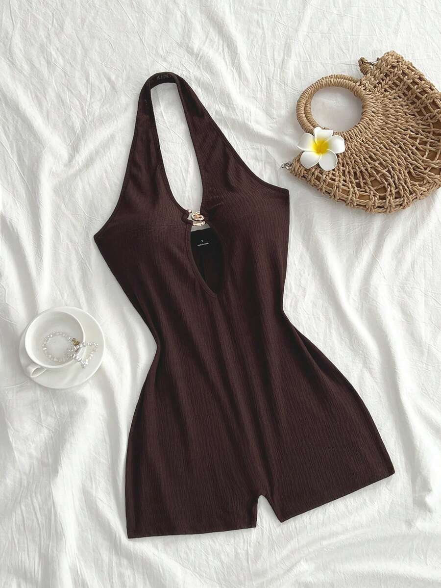Flirla Women's Minimalist Bandage Textured Sexy Sheer Dark Brown Vacation Seashell Metal Decor Jumpsuit, Spring/Summer - Coffee Brown - View 1