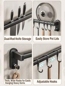 Kitchen Utensil Rack, Wall Mounted Kitchen Organizer, Pot And Pan Storage Rack Set With Silent Sliding Hooks, Black Gray, For Kitchen And Dining Room - Multicolor - View 8