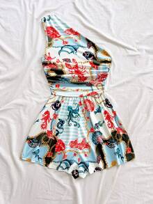 Soleia 女士不对称肩部连体裤，适合夏季度假、早午餐、母亲节、毕业典礼、教堂、海滩、音乐节、机场、下午茶等场合。 - 彩色 - 查看 2