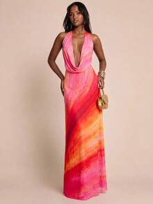 SHEIN BAE Pink And Orange Gradient Print Spaghetti Strap Backless Bodycon Dress,Elegant Vacation Summer Beach Long Dress, Birthday Party Dresses For Women - Orange - View 5
