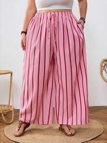 SHEIN CURVE+ 大码女装夏季休闲沙滩装，时尚商务通勤优雅阔腿裤，带口袋，莲花粉，夏季长裤，夏季/乡村/沙滩度假装/沙滩装/沙滩服饰 - 彩色 - 查看 6
