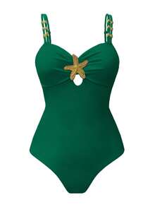 Swim Oasis 1 pieza Traje de baño de una sola pieza casual de vacaciones con decoración de pentágono lindo para mujer - Verde - Ver 3