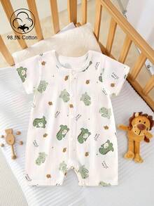 SHEIN Infant & Toddler Boys' Soft Cotton Romper, Lightweight Summer Outfit, Newborn Short Sleeve Jumpsuit, 2026 Spring/Summer Casual & Sportswear, Easter Holiday, Beige & Green Dinosaur Digital Print, Cute Minimalist Unisex Baby Clothes, 0-1 Year - Beige - View 9