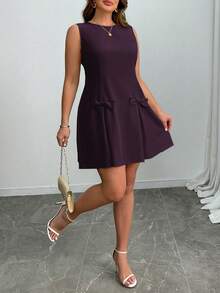 SHEIN Unity Plus Size Women Casual Elegant Short Dress, Solid Color, Round Neck, Sleeveless, With Bowknot Dress - Purple - View 3