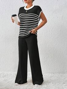 EMERY ROSE Women's Contrast Color Loose Casual Drawstring Knit 2 Pieces Set - Black - View 4