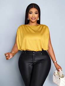 SOLERSUN Women's Plus Size Spring Summer Fashion Solid Color Elegant Casual Simple Daily Wear Ruched Sleeveless Satin Shirt Casual Daily Wear Women Blouse - Yellow - View 4