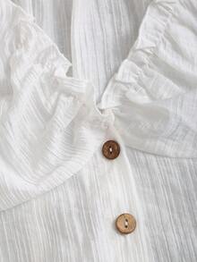 Sweetra French Retro Vertical Stripe Textured Ruffle Splice Wooden Button Puff Sleeve Women's Short Sleeve Blouse, Suitable For Spring/Summer Casual And Dating - White - View 6