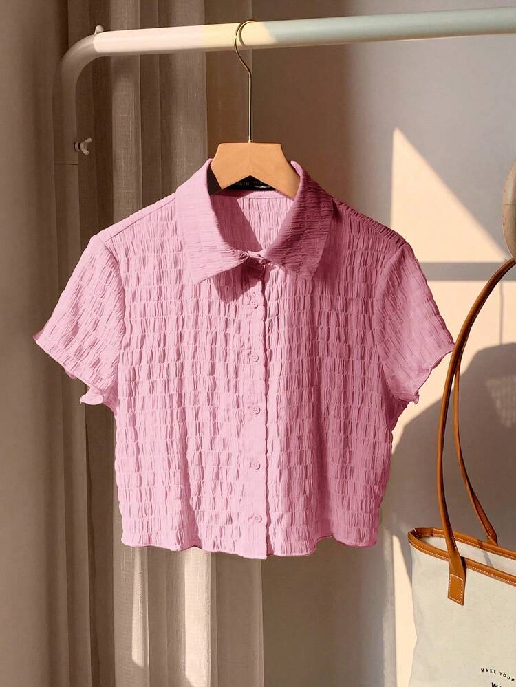 Comfortcana Women's Light Pink Woven Crepe Front Button Short Sleeve Blouse,Summer Top - Baby Pink - View 3