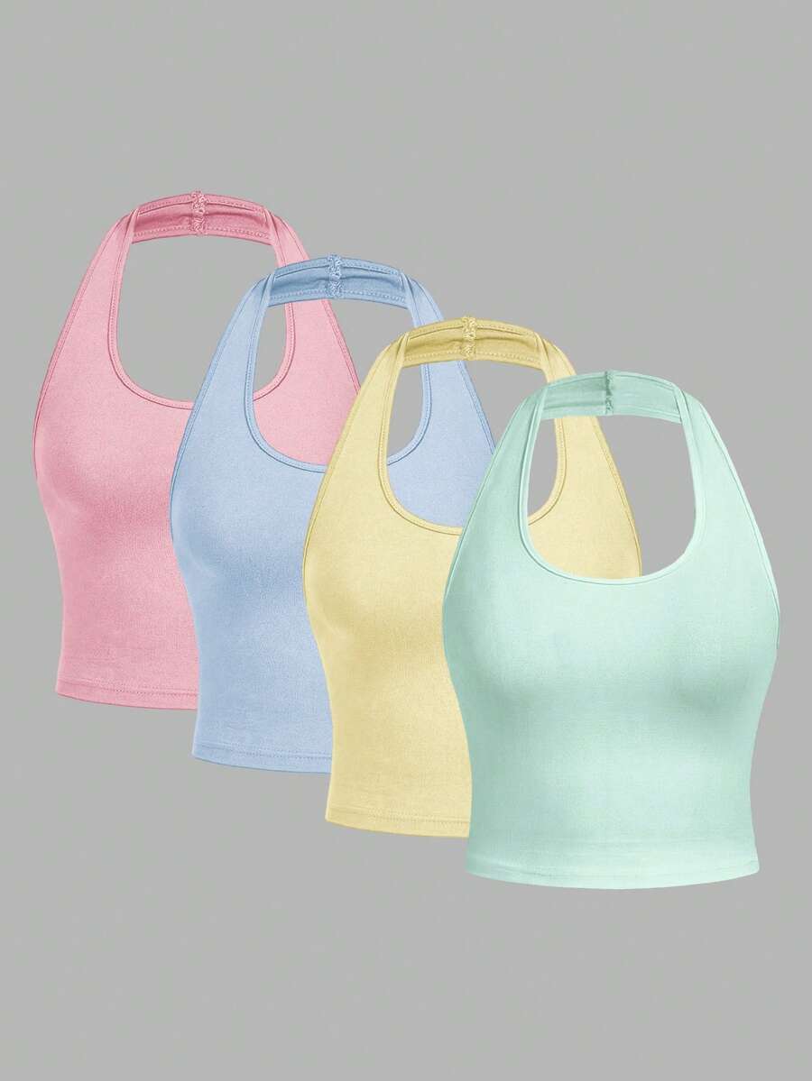 SHEIN EZwear 4件套休闲简约短款圆领紧身吊带背心,适合夏季穿着 - 彩色 - 查看 1