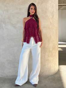 Aloruh Women's Elegant Multi-Layer Ruffle Trim Stand Collar Fitted Tank Top - Red Violet - View 3