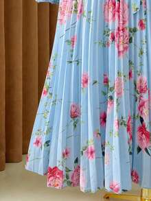 Rometta 大码女士浪漫印花约会之夜优雅雪纺褶皱长袖连衣裙，腰部系带 - 淺藍色 - 查看 3