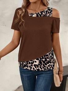 SHEIN LUNE Camiseta casual de mujer con estampado de leopardo y hombros descubiertos, para verano - Marrón - Ver 7