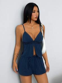 SHEIN PETITE Women's Simple Casual Navy Blue 2 Pieces Set Women's Summer Sets Linen Two Pieces Set - Navy Blue - View 9