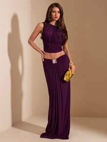 SHEIN BAE Conjunto de 2 piezas elegante con hebilla de metal morada, conjunto de 2 piezas para vacaciones, conjunto de 2 piezas para días festivos, primavera/verano - Morado - Ver 3