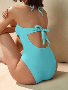 Swim Basics 女士简约时尚假日可爱蝴蝶结褶皱三角杯连体泳衣，海滩度假 - 藍色 - 查看 2