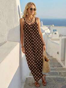 SHEIN LUNE Brown Polka Dot Pattern Casual Jumpsuit For Women, Versatile For Spring/Summer - Brown - View 5