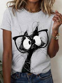 EMERY ROSE Camiseta de mujer de manga corta con cuello redondo y estampado de dibujos animados, informal para verano - Multicolor - Ver 1