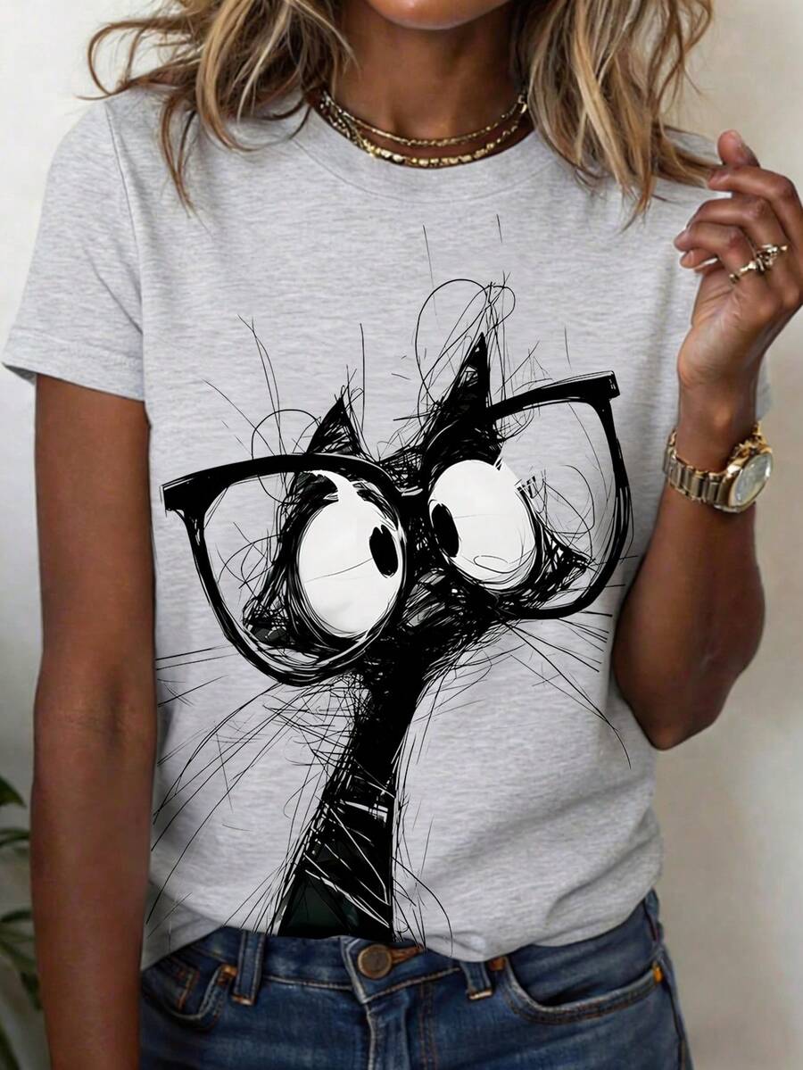 EMERY ROSE Camiseta de mujer de manga corta con cuello redondo y estampado de dibujos animados, informal para verano - Multicolor - Ver 1