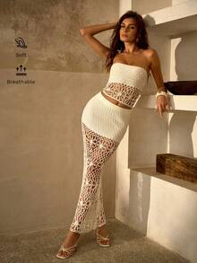 MOTF PREMIUM 优雅浪漫手工钩编花卉纹理拼接抹胸上衣和半裙套装，女士沙滩泳衣罩衫 - 白色 - 查看 1