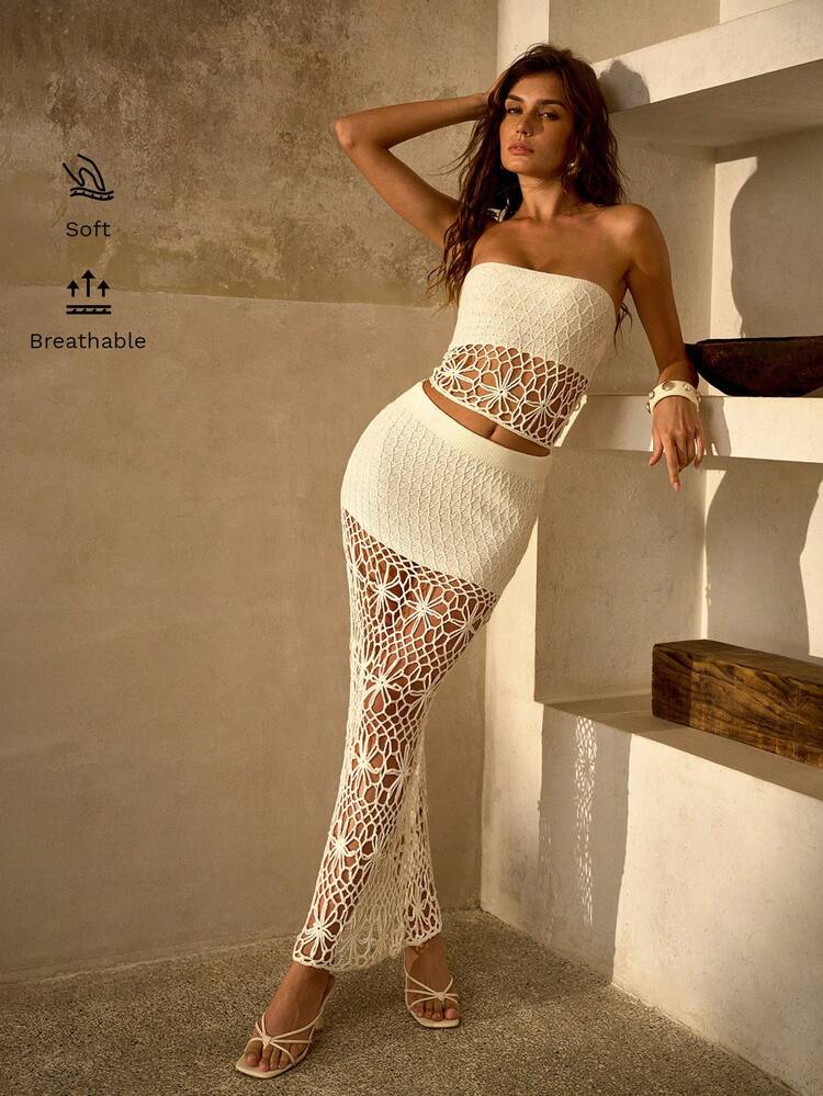 ELEGANT ROMANTIC HANDMADE CROCHET FLORAL TEXTURED PATCHWORK BANDEAU TOP AND SKIRT SET, WOMEN BEACH SWIMSUIT COVER UP