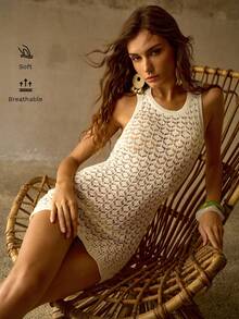 MOTF PREMIUM Đầm ngắn hở lưng, buộc dây, khoét sâu, thanh lịch, chất liệu có họa tiết, thích hợp cho kỳ nghỉ. - Màu be - Xem 2