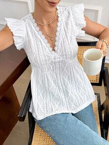 SHEIN Frenchy 夏季海滩度假提花针织荷叶袖T恤 - 白色 - 查看 6
