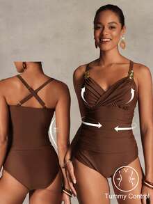 Swim Lushoire Ensemble de camisole et bikini croisé élégant Top de gamme marron 26SS Printemps/Été. Nouvelle arrivée de maillots de bain pour femmes 2026, convenant pour l'école, les vacances, les rendez-vous, le thé de l'après-midi, les voyages en Occident, les road trips, toutes les saisons, les festivals de musique, l'automne décontracté, le style boho occidental. Maillots de bain une pièce avec maintien du ventre, forme du corps, attache dans le dos. - Tabac - Voir 9