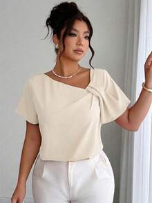 Elenzga Blus Elegan Berkerah Asimetris dan Lipit untuk Wanita Ukuran Plus Musim Semi/Panas - Aprikot - View 4