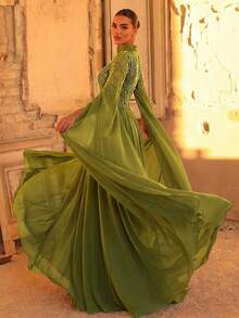 Glamrae 优雅奢华的珍珠亮片泡泡袖花卉拼接雪纺连衣裙，适合婚礼、派对、度假、舞会、晚礼服（装饰繁复） - 軍綠色 - 查看 3