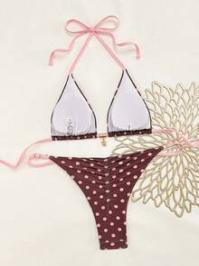 Swim Mod 2件套女士夏季沙滩度假泳衣，可爱随机印花三角系带上衣和比基尼泳裤套装 - 彩色 - 查看 2